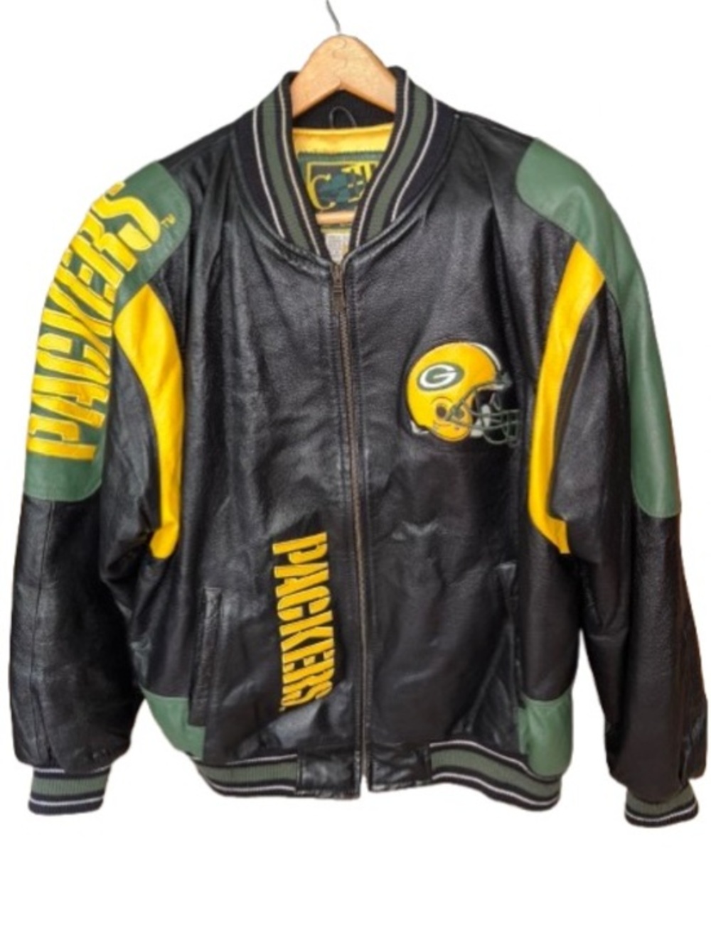 G-III and Carl Banks Green Bay Packers Black Leather Bomber Jacket size L